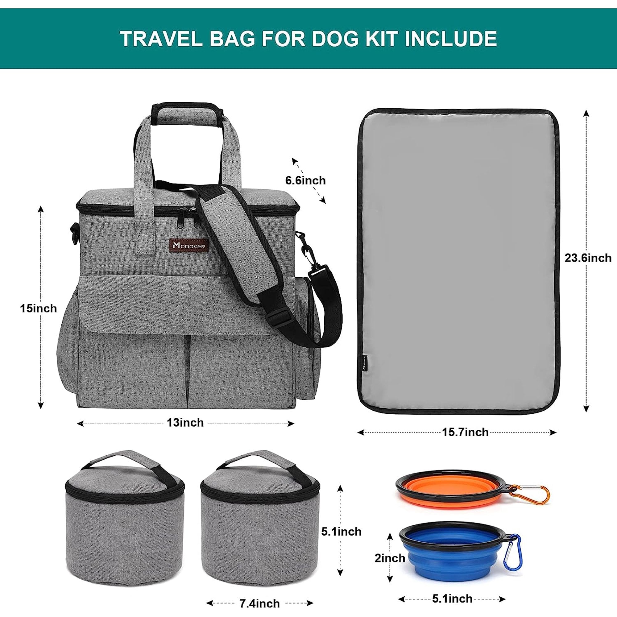 Dog Travel Bag with 2 Food Carriers, 2 Collapsible Bowls, and 1 Placemat E25441