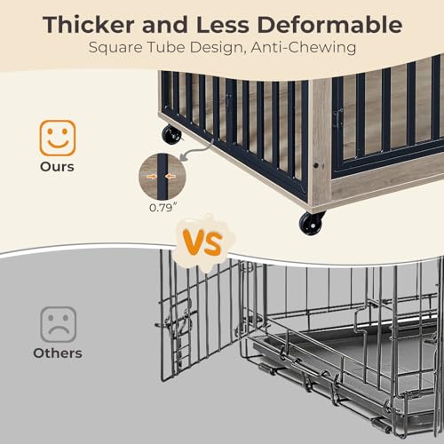 Grey Wooden Dog Crate with Double Doors and Pull-Out Dog Bowls F52847