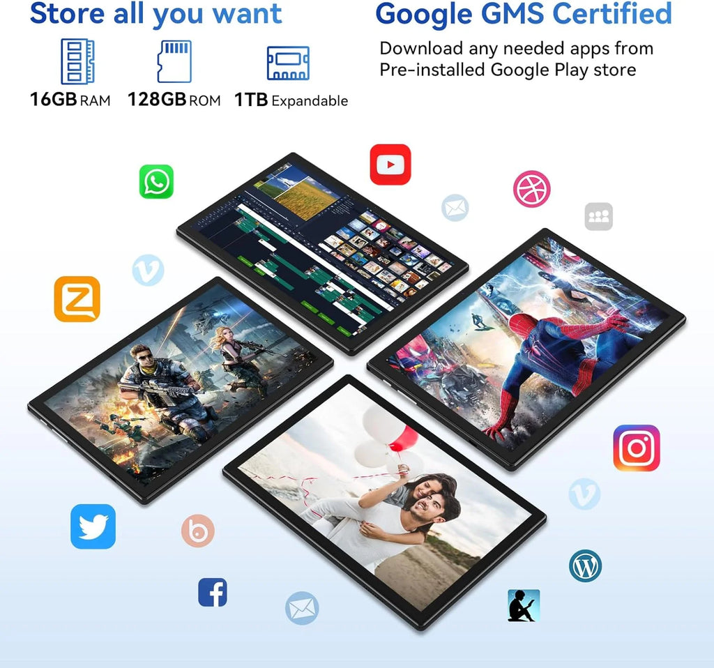 10 Inch Android Tablet with Keyboard, 128GB ROM + 16GB RAM, Octa-Core Processor A396464