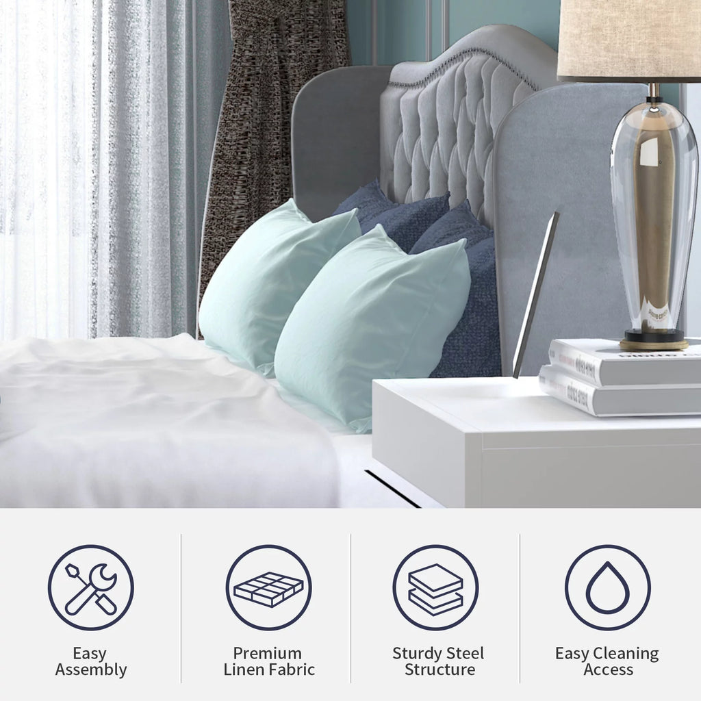 King Size Button Tufted Velvet Platform Bed Frame, Silver Grey W3992