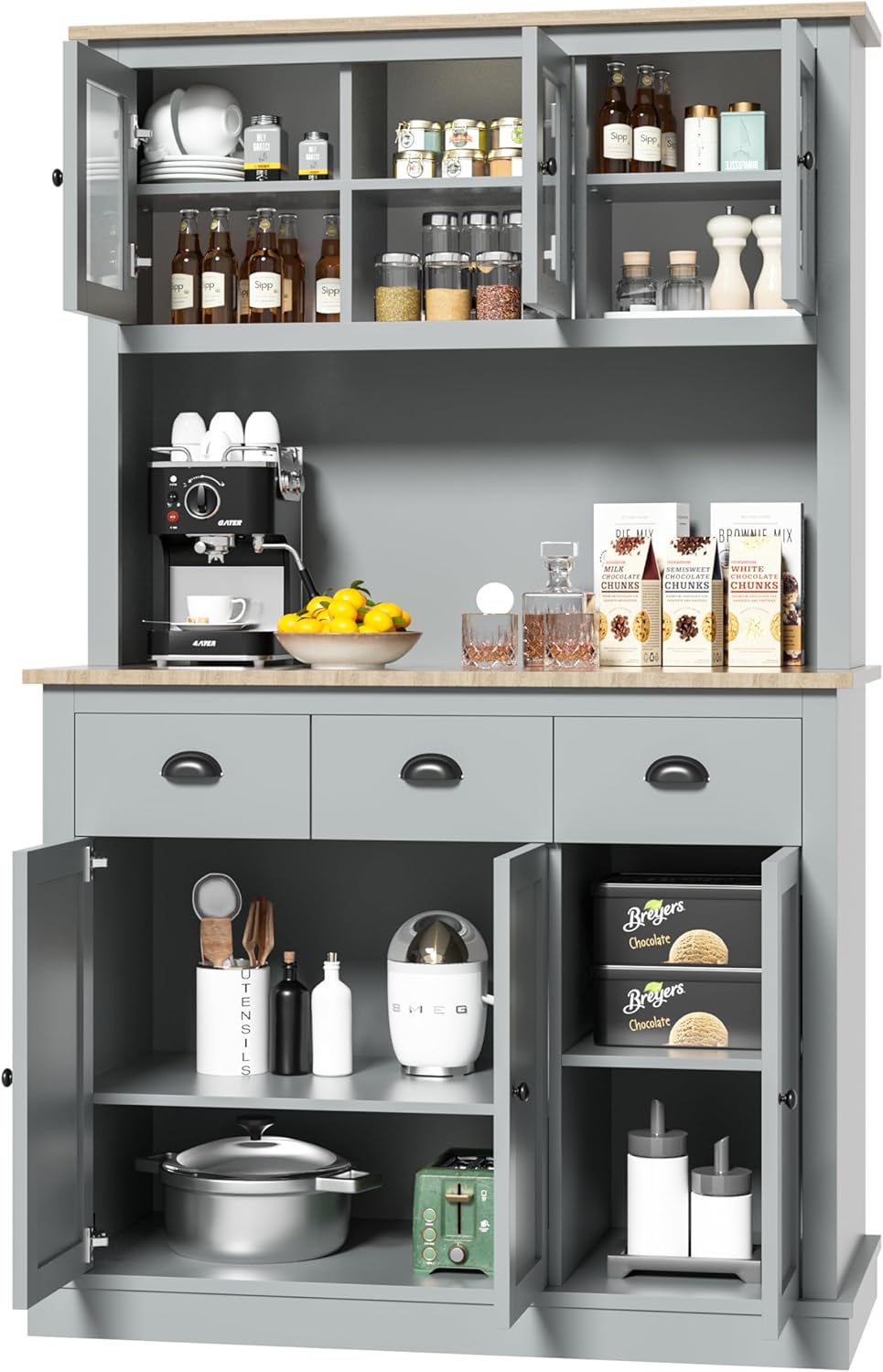 Grey Kitchen Hutch Storage Cabinet with Countertop and Drawers G810
