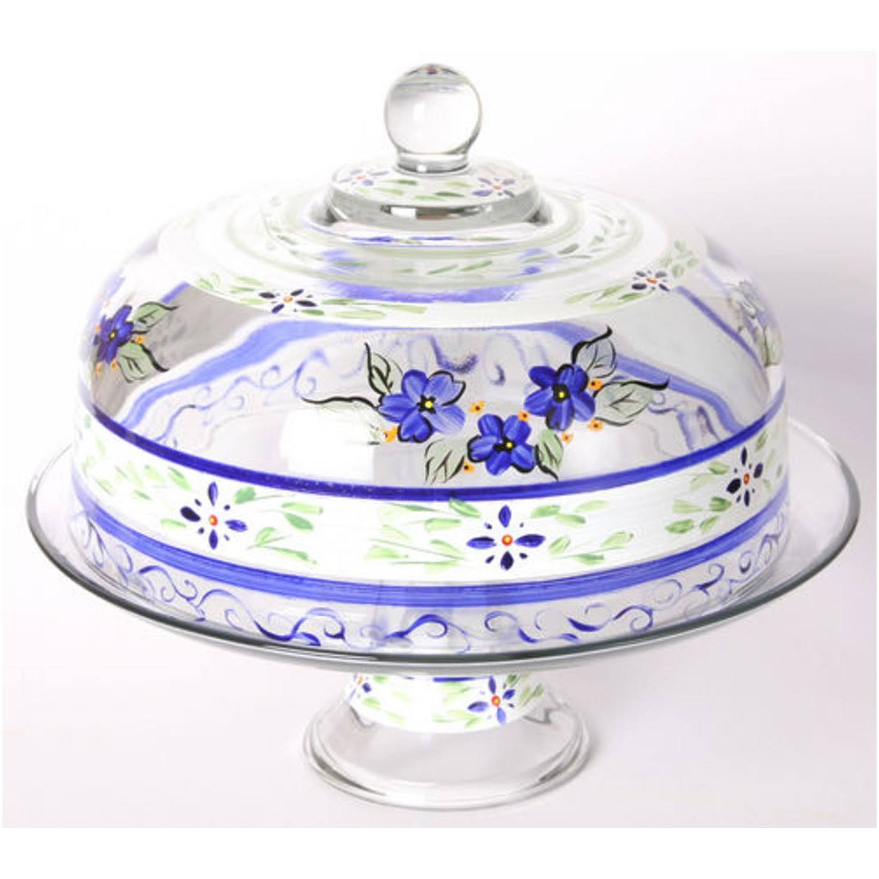Blue Floral Hand Painted Glass Large Cake Dome E517