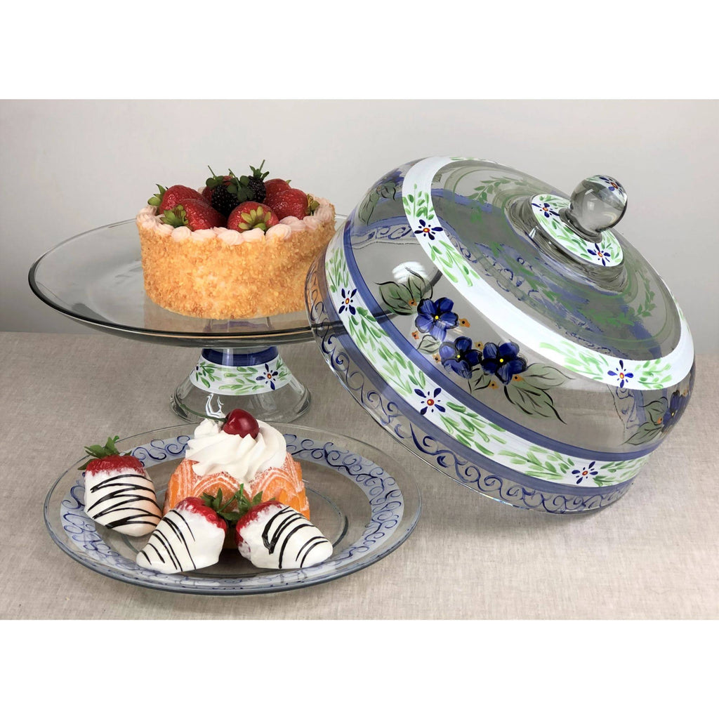 Blue Floral Hand Painted Glass Large Cake Dome E517