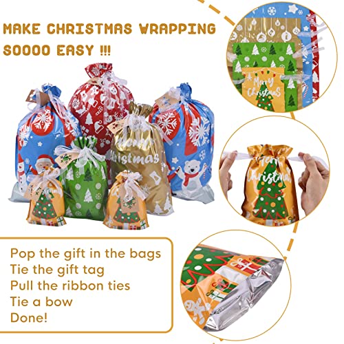 22pcs Drawstrings Christmas Gift Bags Assorted Sizes Reusable Plastic H58334