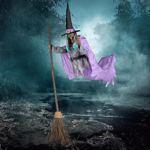 6FT Animated Flying Witch Halloween Decor with Scary Sounds and Lights J25368
