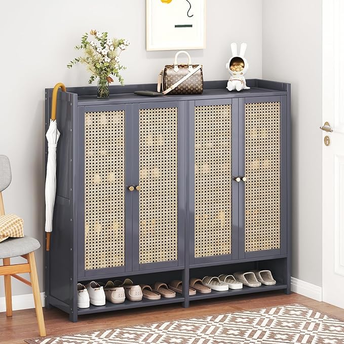Grey 8 Tier Bamboo Shoe Cabinet with Doors W216