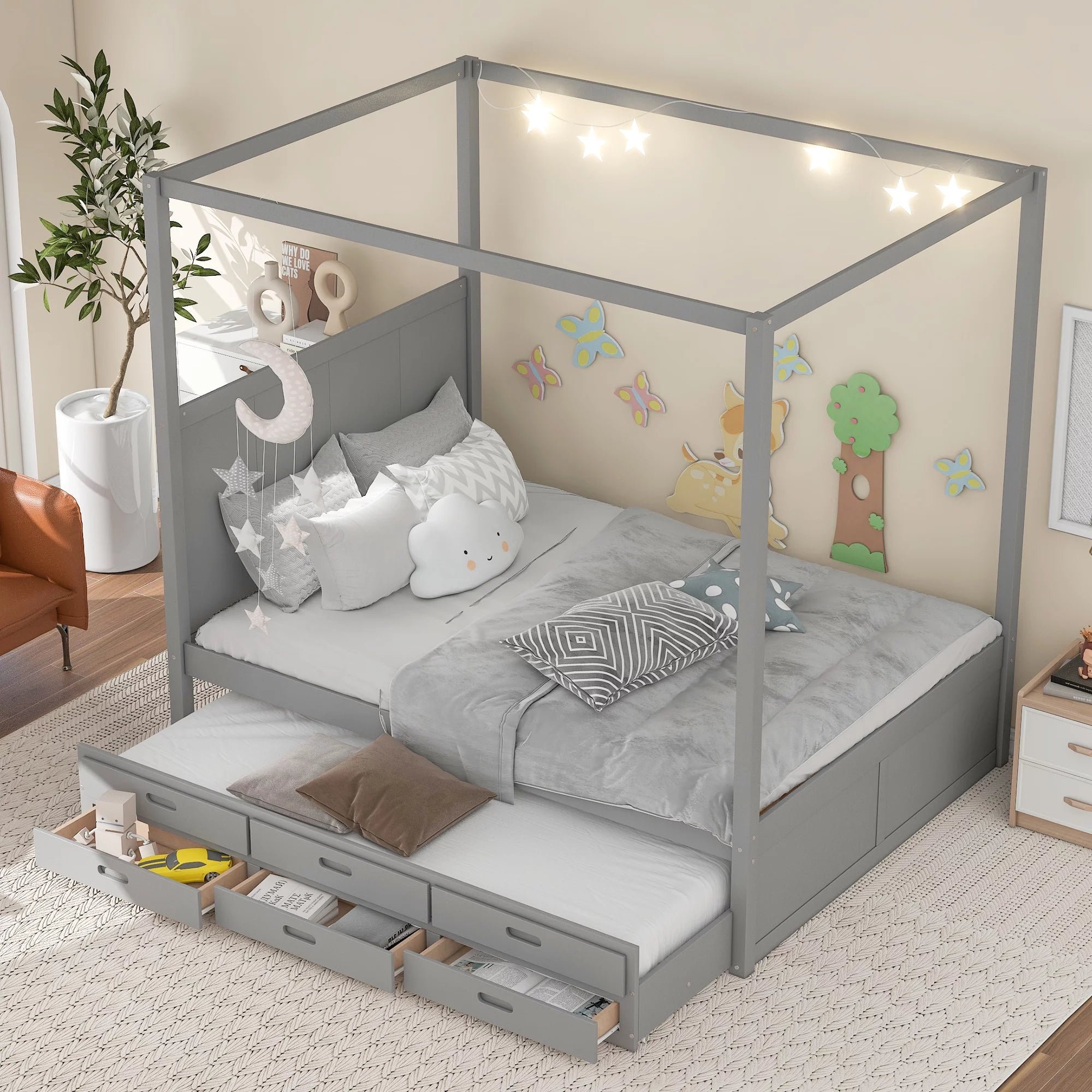 Gray Wooden Queen Platform Bed with Trundle and 3 Storage Drawers T814465