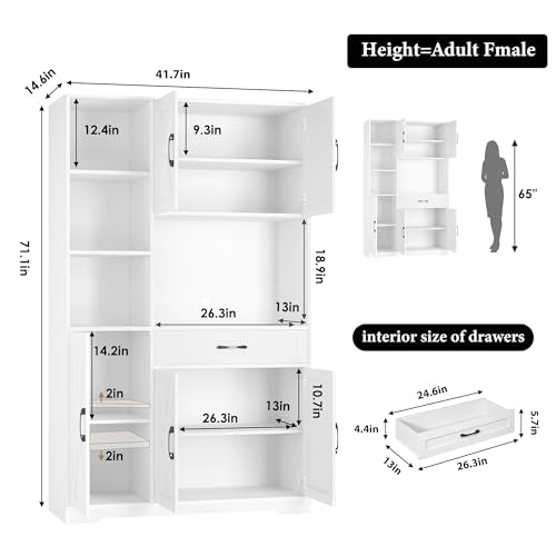 71" Tall Kitchen Pantry Storage Cabinet with Microwave Stand, Barn Doors, Large Drawer and Shelves, Ash Grey F204