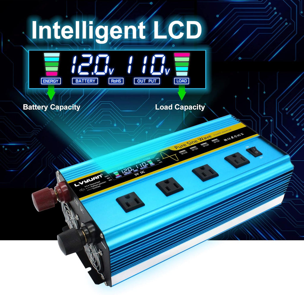 3000 Watt Pure Sine Wave Inverter 12V to 110V DC to AC with LCD Display 4 AC Sockets 4 USB Ports G326