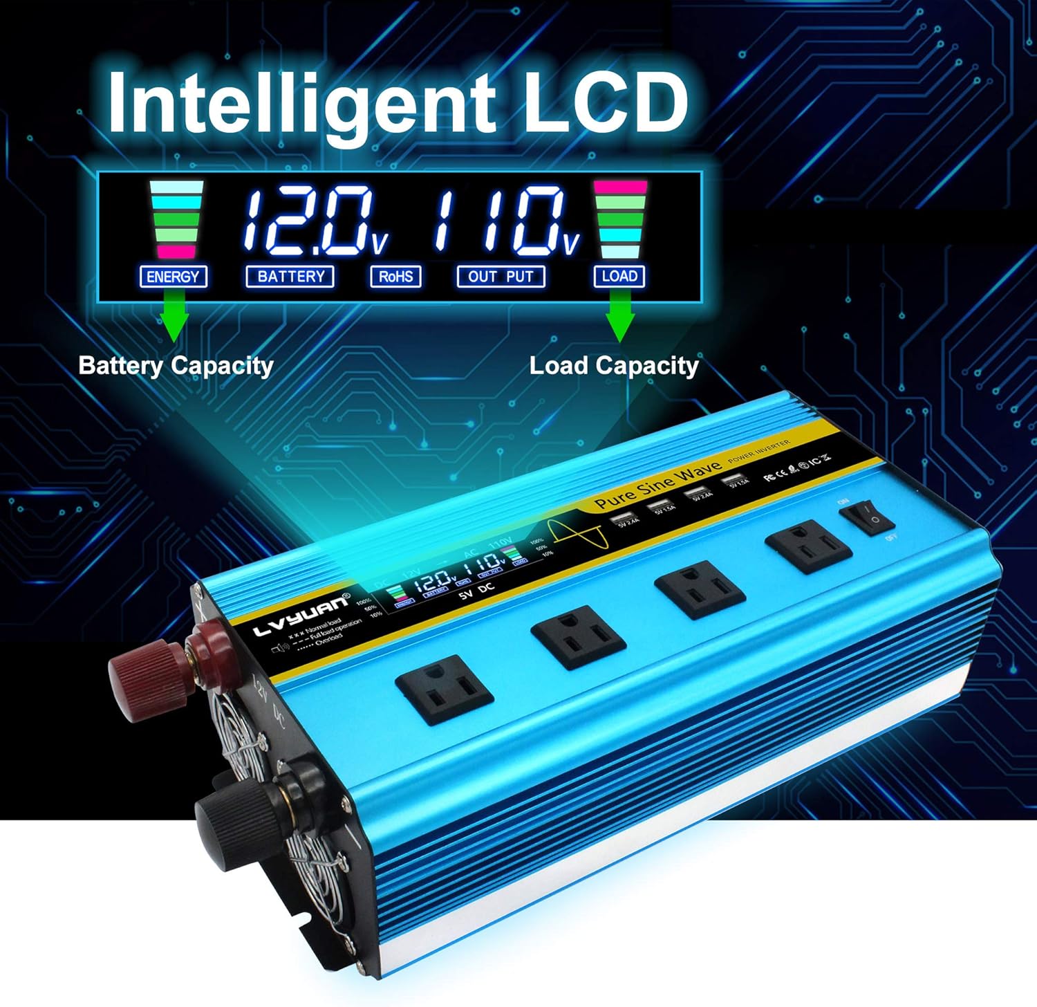 3000 Watt Pure Sine Wave Inverter 12V to 110V DC to AC with LCD Display 4 AC Sockets 4 USB Ports G326