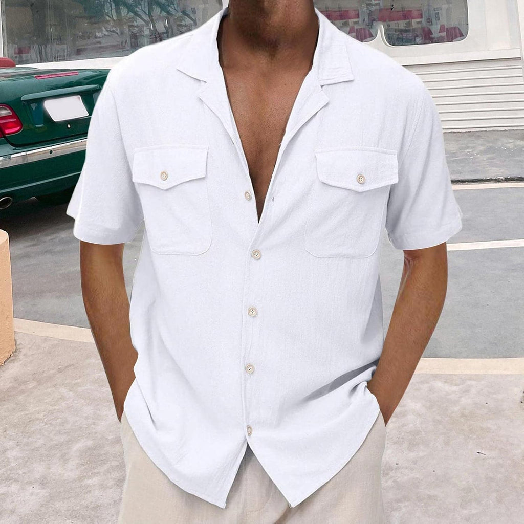 Men's Cotton Linen Short Sleeve Button Down Shirts I4192