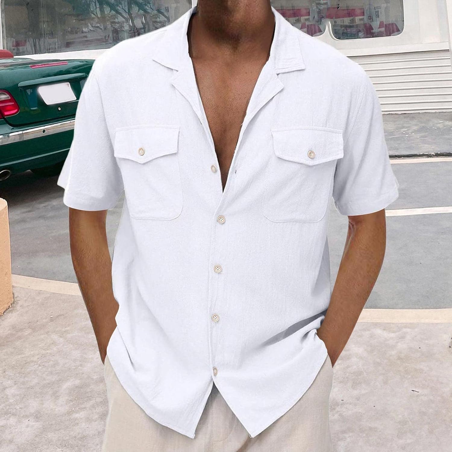 Men's Cotton Linen Short Sleeve Button Down Shirts I4192