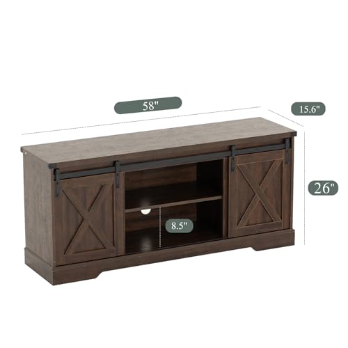 Brown Wood TV Stand with Sliding Barn Doors and Adjustable Shelves O253739