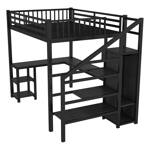 Black Full Size Metal Loft Bed with L-Shaped Desk and USB Port M21822