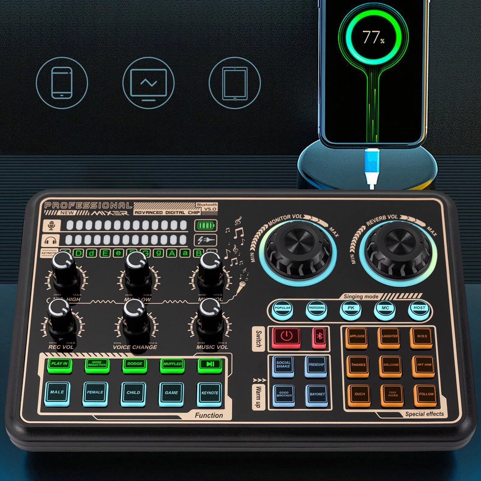 Sound Effects Board Audio Interface with Voice Changer and LED Lights E3801