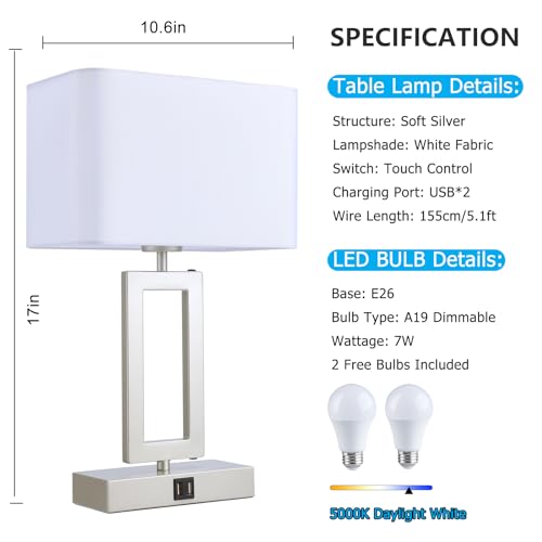 Set of 2 Touch Control Table Lamps with USB Ports, 3-Way Dimmable, Gold and White R82766