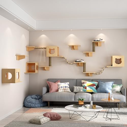 Cat Wall Shelves and Furniture Set with Condos, Perches, Bridge Ladders, Sisal Scratching Posts L406