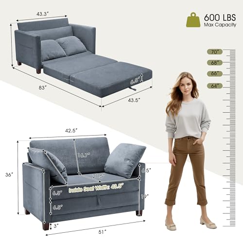 Blue Chenille Convertible Floor Sofa Bed with 2 Pillows Y42816