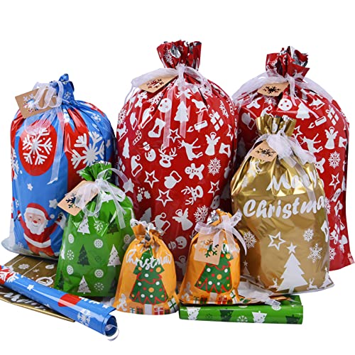 22pcs Drawstrings Christmas Gift Bags Assorted Sizes Reusable Plastic H58334