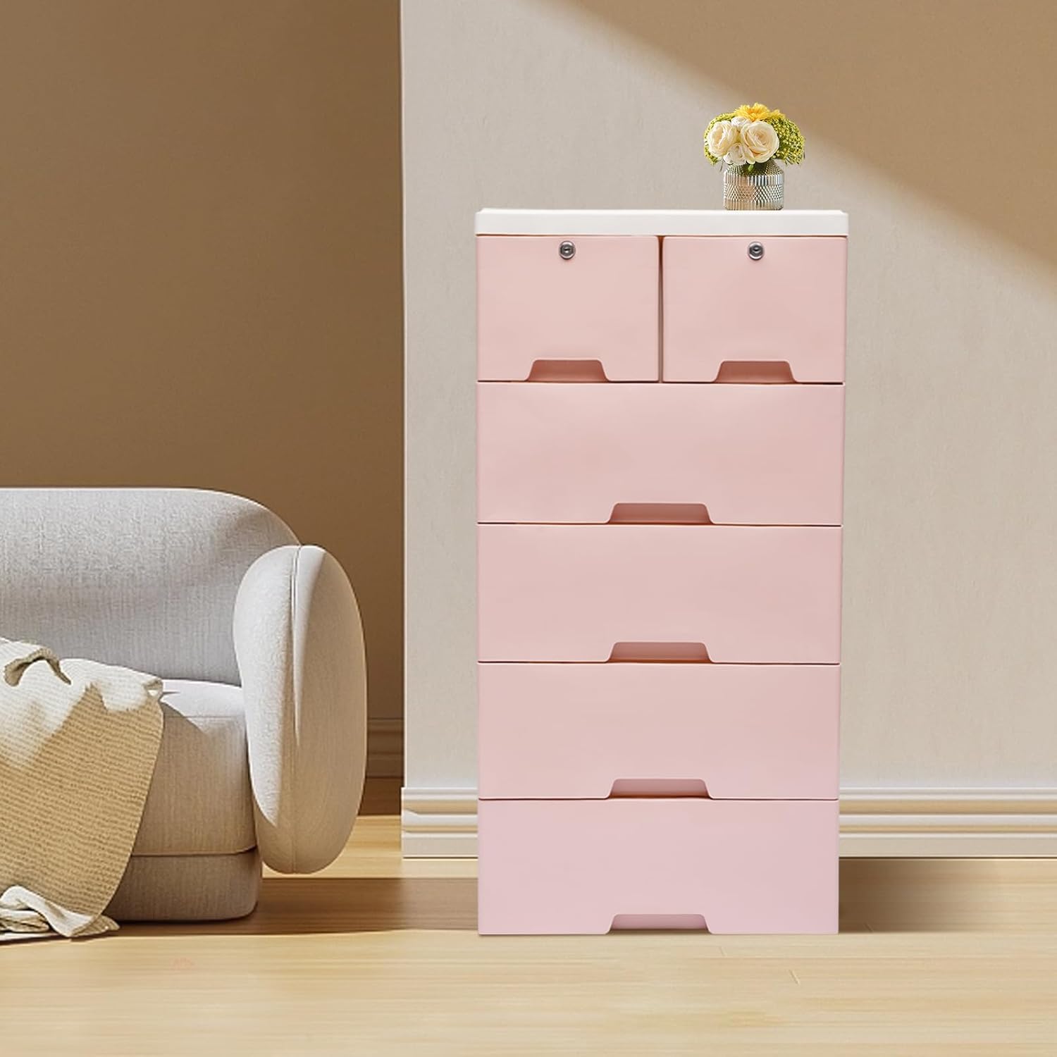 6 Drawers Pink Plastic Dresser with 4 Wheels M2797