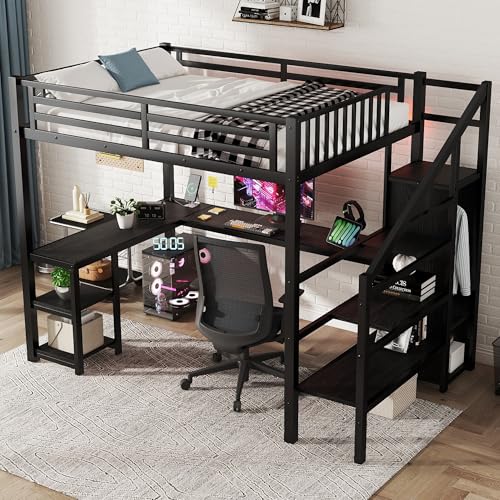 Black Full Size Metal Loft Bed with L-Shaped Desk and USB Port M21822