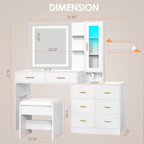 White 51.8" Makeup Vanity Desk with Mirror and Lights 8 Drawers T57628