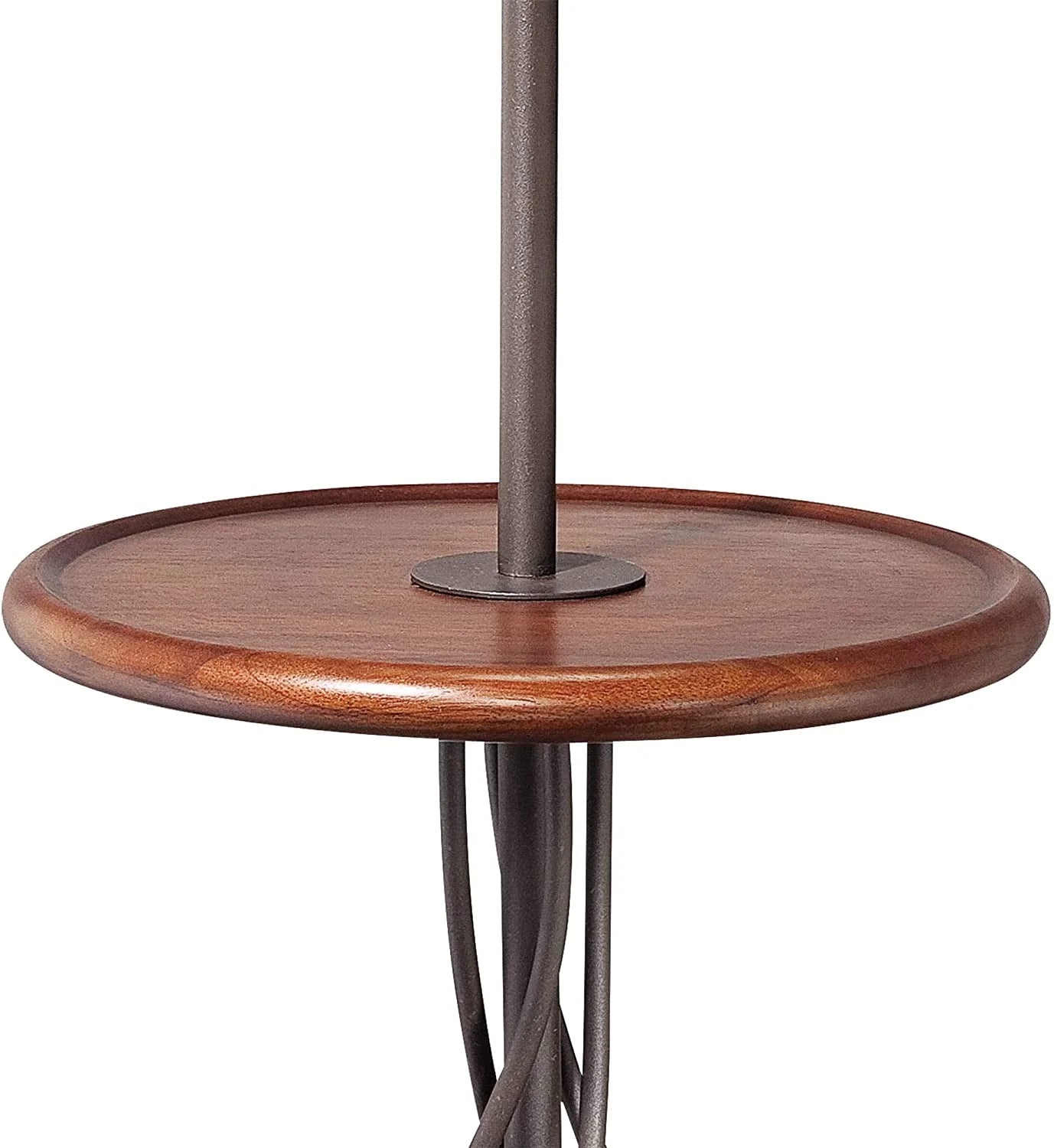 Rustic Farmhouse Floor Lamp with Tray End Table 63.5" Tall Wood Twisted Iron Base Brown Linen Fabric Tapered Drum Shade W598