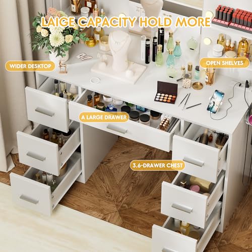 White Vanity Desk with LED Lighted Mirror and 7 Drawers H21419
