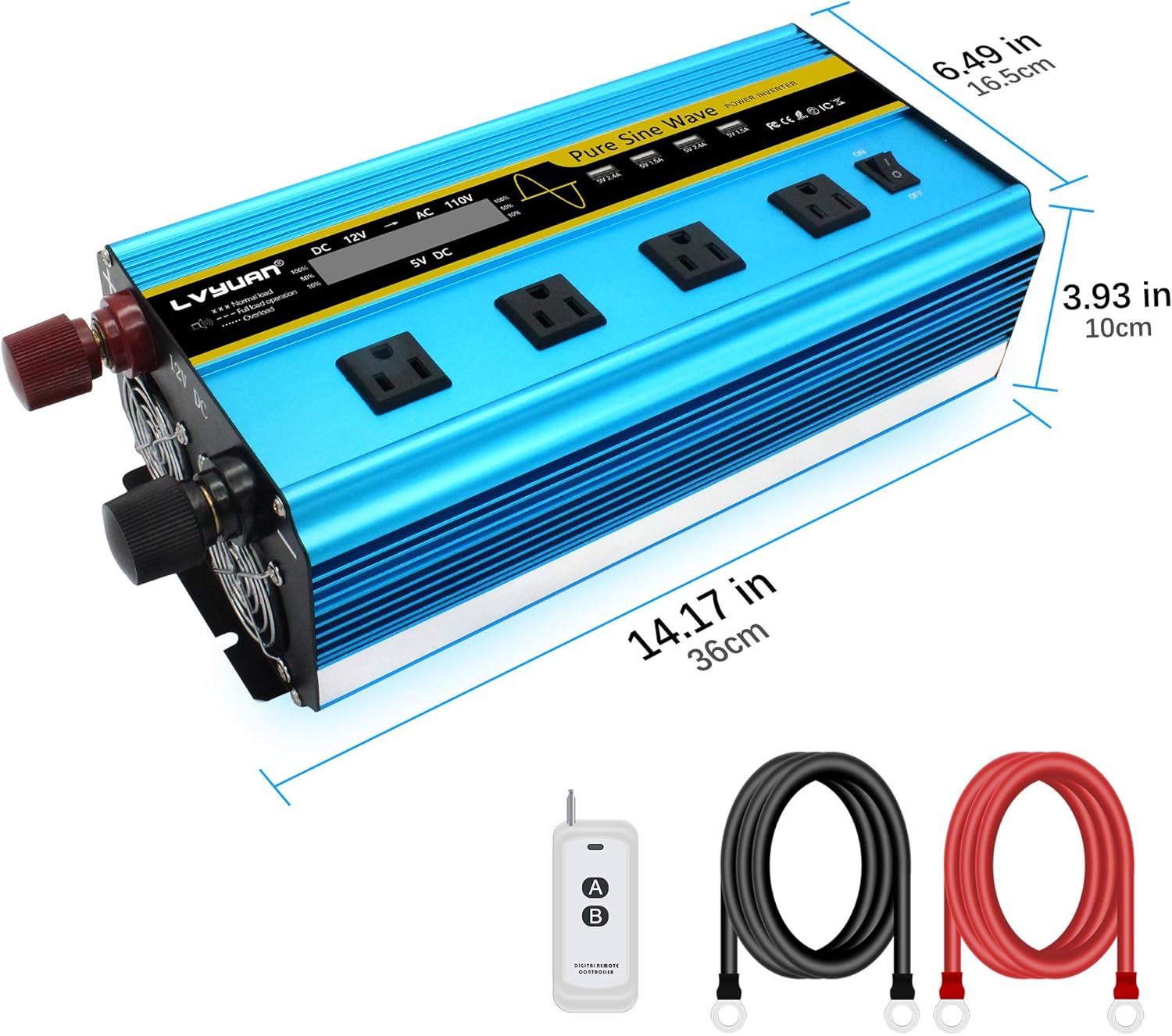 3000 Watt Pure Sine Wave Inverter 12V to 110V DC to AC with LCD Display 4 AC Sockets 4 USB Ports G326