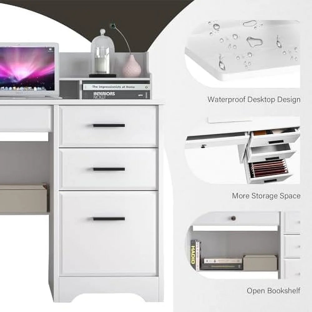 White 44" Wood Desk with 4 Drawers and Hutch T847
