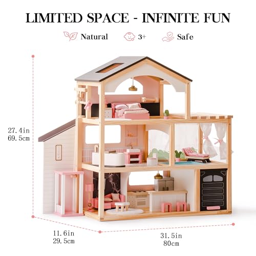 Pink Wooden Dollhouse with 6 Rooms and 29-pcs Furniture Set I1455