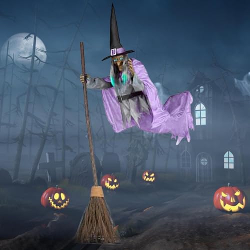 6FT Animated Flying Witch Halloween Decor with Scary Sounds and Lights J25368