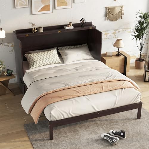 Queen Murphy Bed Cabinet with Charging Station & Rattan Design – Wall Bed with Large Storage Drawer, Foldable Platform Bed – Pine Wood Construction, Walnut M34960