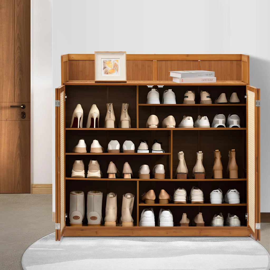 Bamboo 30 Pairs 7-Tier Shoe Cabinet with Folding Rattan Doors and Boots Compartments N749580