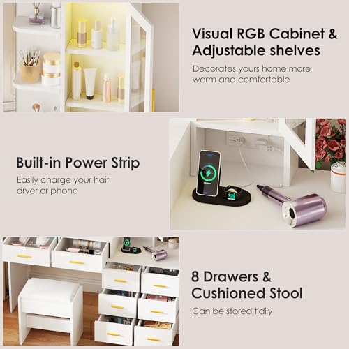 White 51.8" Makeup Vanity Desk with Mirror and Lights 8 Drawers T57628