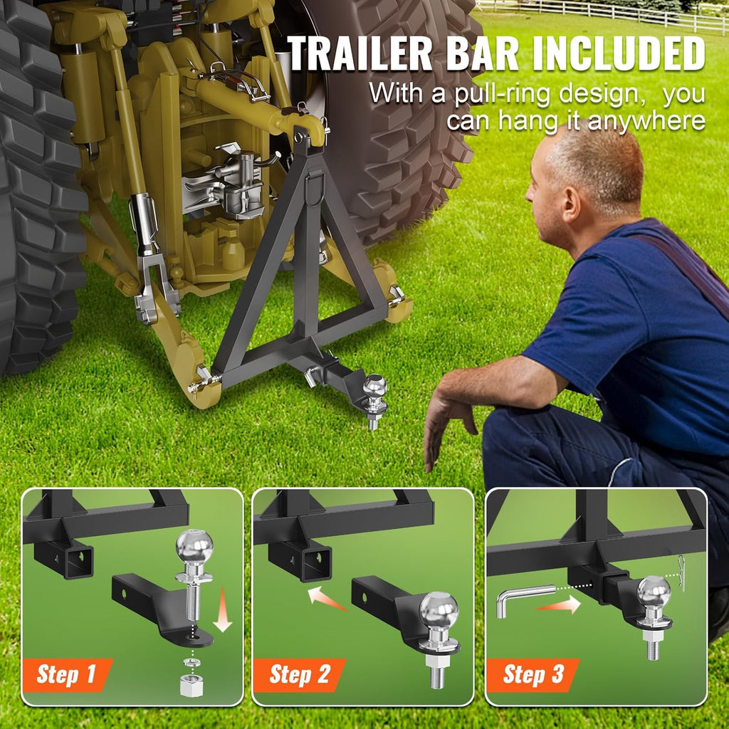 3 Point 2" Receiver Trailer Hitch Category 1 Tractor Tow Drawbar Adapter with Pins K8244