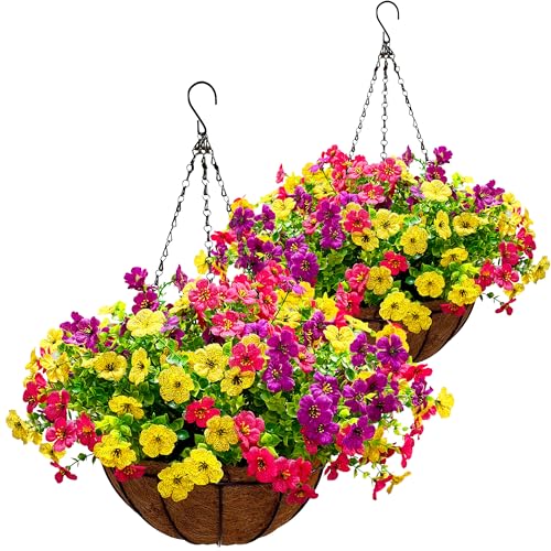 2 Sets Outdoor Artificial Flowers with 12" Hanging Basket, 24 Bunches of Faux Flowers with 2 Hanging Planters Yellow Orange L4566