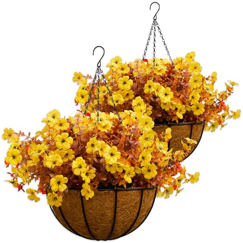 2 Sets Outdoor Artificial Flowers with 12" Hanging Basket, 24 Bunches of Faux Flowers with 2 Hanging Planters Yellow Orange L4566