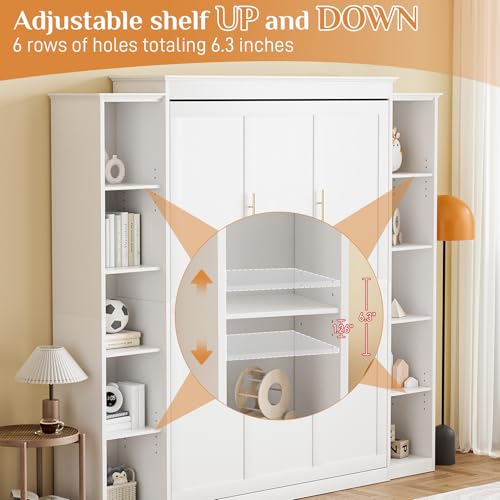 Queen Murphy Bed with Storage Bookcase & 4 Adjustable Shelves, White Wood Wall Bedframe with Metal Legs I668