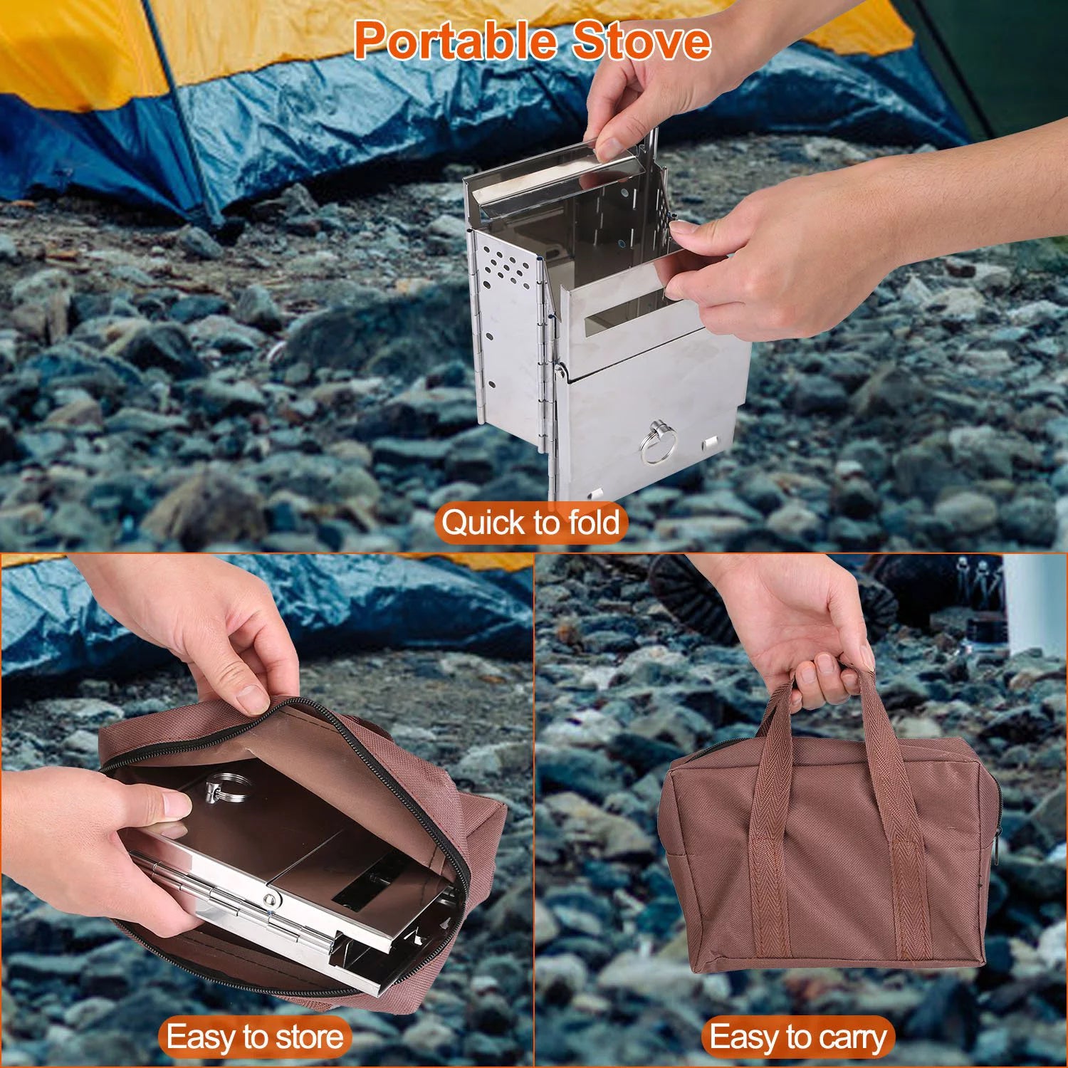 Folding Stainless Steel Camp Stove with Carry Bag T785507