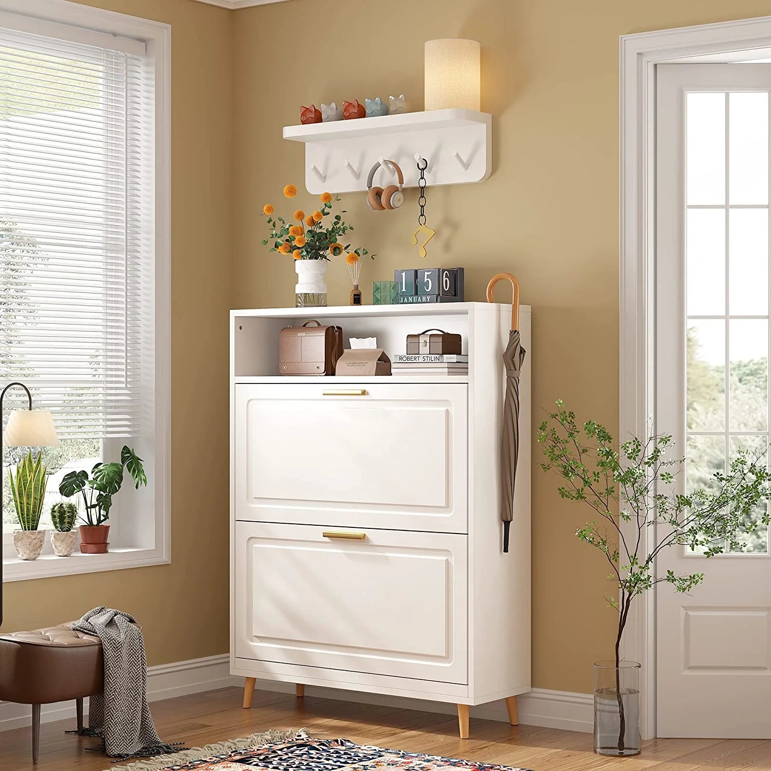 White Narrow Shoe Cabinet with 2 Flip Drawers K61819