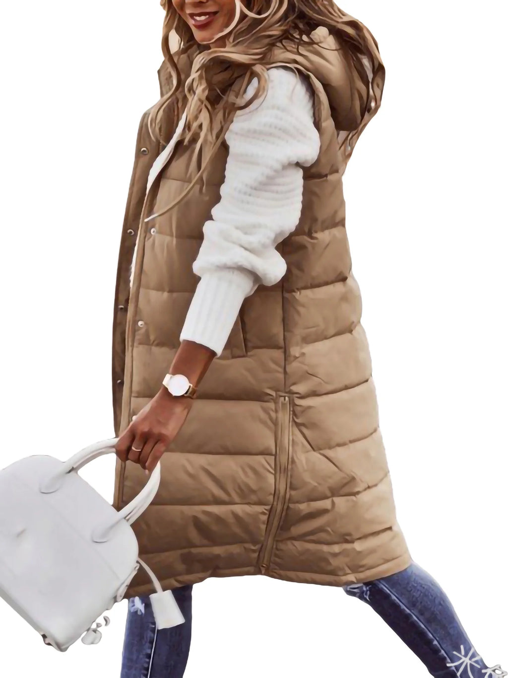 Women's Hooded Down Long Vest Padded Jacket with Pockets U508448