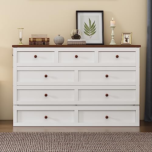 White+Walnut Full Wood Murphy Bed with Storage Drawers U192