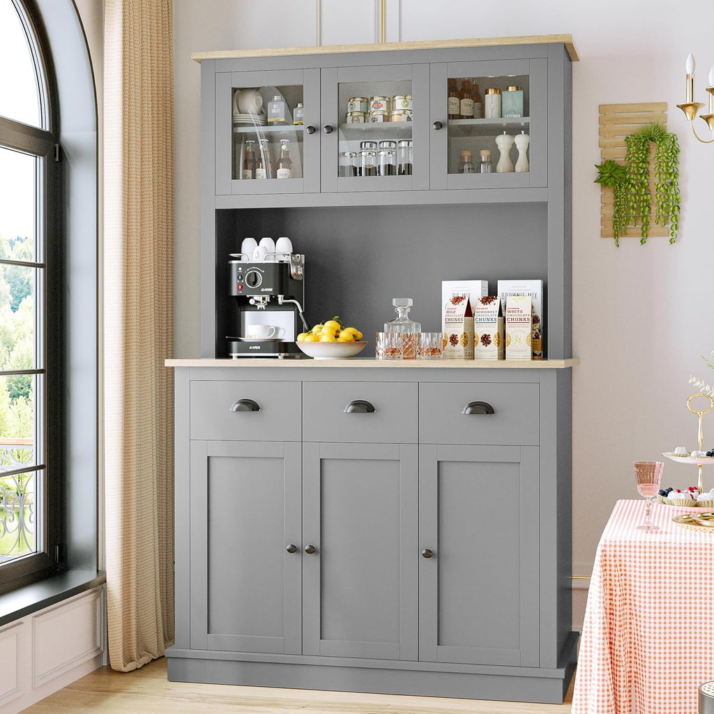 Grey Kitchen Hutch Storage Cabinet with Countertop and Drawers G810
