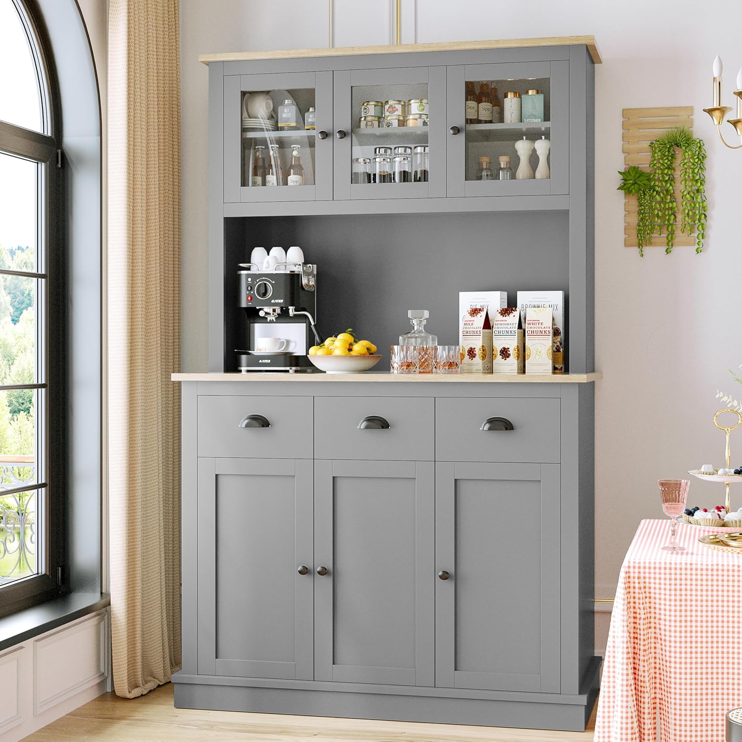 Grey Kitchen Hutch Storage Cabinet with Countertop and Drawers G810