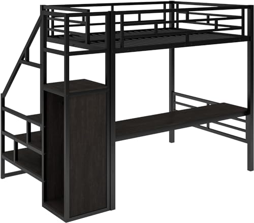 Full Size Metal Loft Bed with Desk and Wardrobe H7980