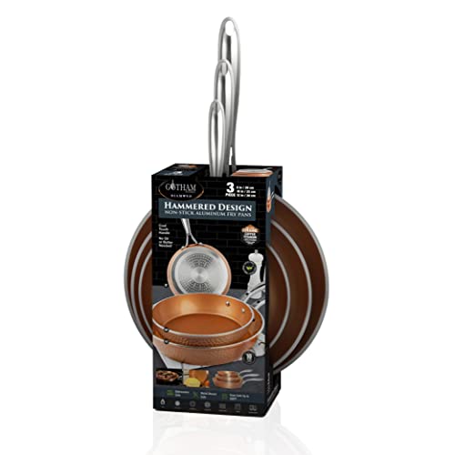 3 Piece Hammered Copper Nonstick Frying Pan Set with Glass Lid K969