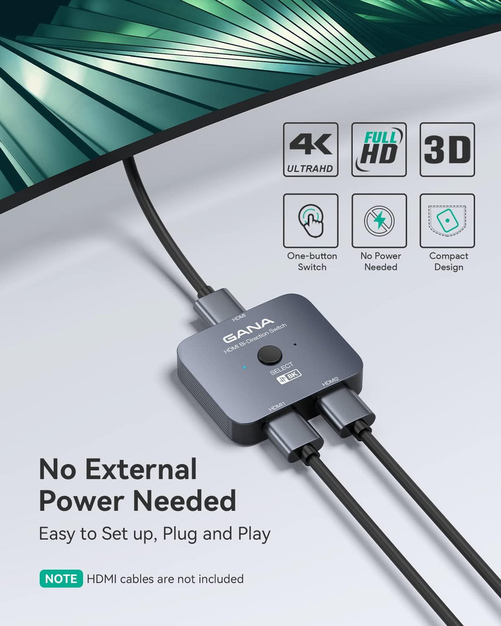 HDMI 2.1 Switch, 8K HDMI Switcher Splitter Bi-Directional 2 in 1 Out, 48Gbps Aluminum Ultra HD HDMI Hub N532