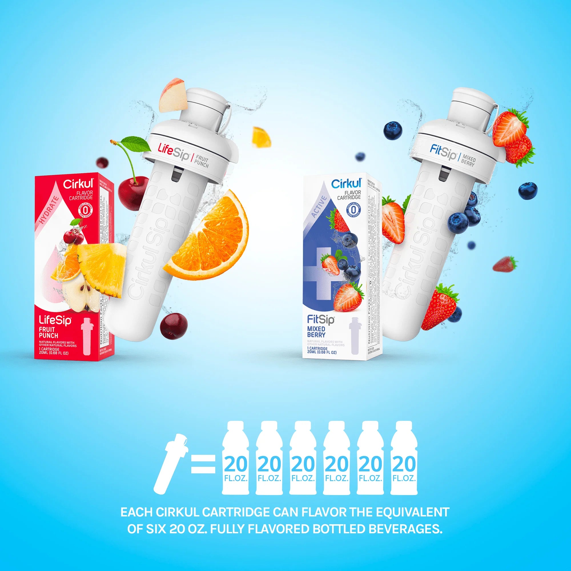22oz Plastic Water Bottle Starter Kit with Blue Lid and 2 Flavor Cartridges O6655