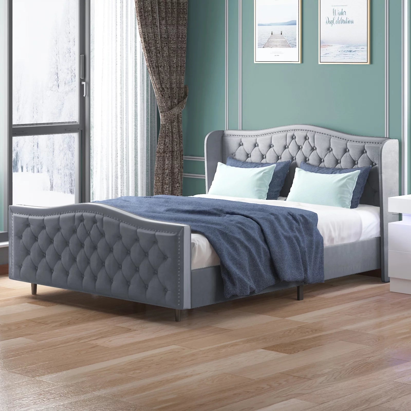 King Size Button Tufted Velvet Platform Bed Frame, Silver Grey W3992